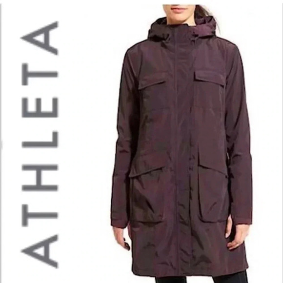 Athleta Downpour Coat Waterproof Mid Length Hooded Purple Full Zip: XXS - Picture 1 of 14